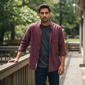 L L Bean Mens Large Red Plaid Long Sleeve Button Down Collar Shirt Size L REG